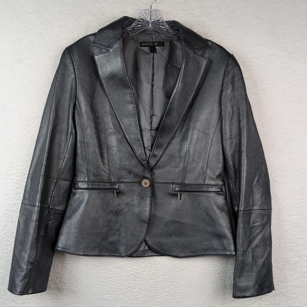 Lafayette 148 New York Leather Jacket Blazer Silver Size 6 Single Button Pockets